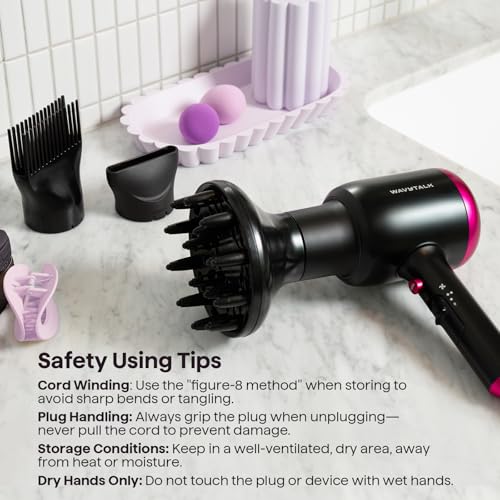 Wavytalk Hair Dryer with Diffuser, Blown Away Ionic Hair Dryer for Curly Hair with Comb, 1875W Fast Drying Blow Dryer with Ceramic Technology, 3 Attachments for All Hair Types, Light and Quiet, Black