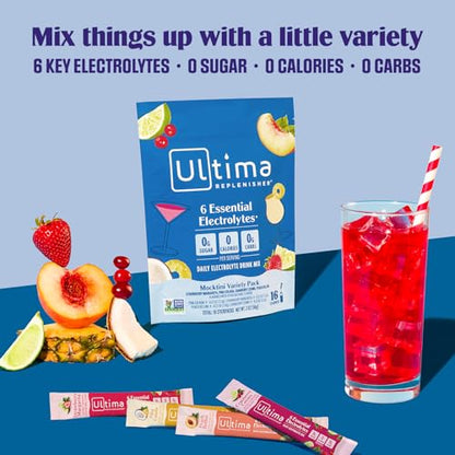 Ultima Replenisher Daily Electrolyte Powder Drink Mix – Sugar Free – Mocktini Variety, 16 Stickpacks – Hydration Packets with 6 Key Electrolytes and Trace Minerals – Keto Friendly, Non-GMO