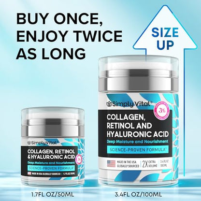 SimplyVital Collagen, Retinol & Hyaluronic Acid Cream - Anti-Aging Retinol Cream for Face, Neck & Décolleté - Made in USA - Daily Moisturizer Face Cream - 3.38 fl oz