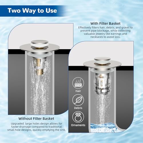Hibbent Upgraded 3 in 1 Bathroom Sink Drain Strainer, Universal Pop Up Stopper with Removable Stainless Steel Filter Basket Hair Catcher, Sink Plug for 1.1''~2.36'' Basin, Brass Core, Brushed Nickel