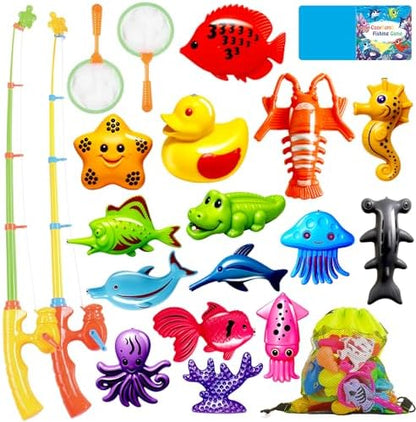 CozyBomB™ Magnetic Fishing Toys Game Set for Kids | Water Table Bathtub Kiddie Pool Party & Pole Rod Net, Plastic Floating Fish Toddler Color Ocean Sea Animals Birthday Age 3 4 5 6 Year