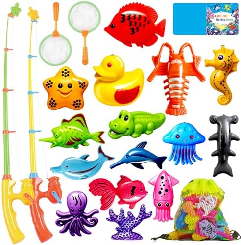 CozyBomB™ Magnetic Fishing Toys Game Set for Kids | Water Table Bathtub Kiddie Pool Party & Pole Rod Net, Plastic Floating Fish Toddler Color Ocean Sea Animals Birthday Age 3 4 5 6 Year