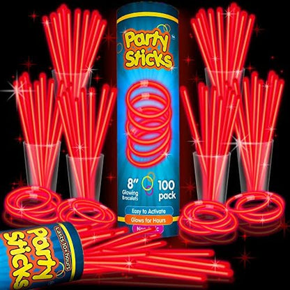 PartySticks Red Glow Sticks - 100pk, 8 Inch Glow in The Dark Light Up Sticks - Party Favors, Decorations, Necklaces and Bracelets with Connectors