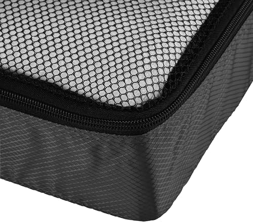 Amazon Basics Lightweight Packing Cubes Travel Organizer Set with Double Zipper, Mesh Top, Durable Polyester, Medium, 4 Piece, Black