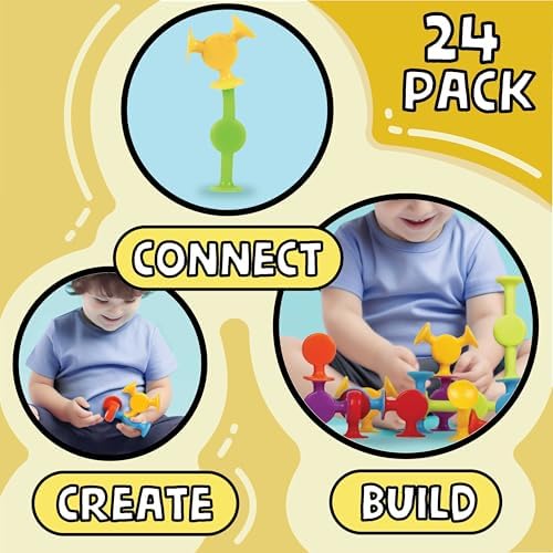 BUNMO Bath Toys Suction - Connect, Build, Create - Toddler Bath Toys - Hours of Fun & Creativity - Fine Motor Skills - Stimulating Sensory Toys - Non-Mouthable Toy 3+ - Smooth 24 Pack
