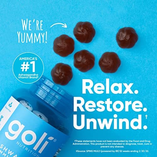 Goli Ashwagandha & Vitamin D Gummy - 180 Count - Mixed Berry, KSM-66, Vegan, Plant Based, Non-GMO, Gluten-Free & Gelatin Free Relax. Restore. Unwind, Pack of 3
