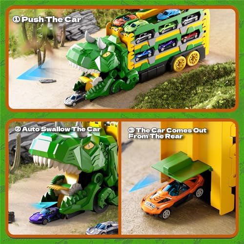 Toddler Car Truck Toys Gifts for 3 4 5 Years Old Boys, Dinosaur Transport Truck Cars Tracks Toys with 12 Pcs Die-Cast Cars, Transforms into Dino, Toy Gifts for 3 4 5 6 Year Old Boys