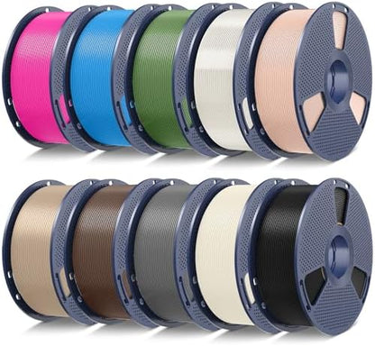 SUNLU 10kg PLA 3D Printer Filament Bundle Multicolor, Neatly Wound PLA Filament 1.75mm ±0.02mm, 1kg per Spool, 10 Pack, Black+Bone White+Grey+Brown+Wood+Beige+Olive Green+Cyan+Magenta+Clear
