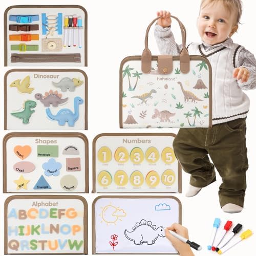 hahaland Montessori Busy Board for Toddlers Boy Toys Birthday Gift - Travel Toys - Dinosaur, Alphabet, Number, Shape, Drawing, Life Skills