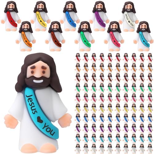 Bememo 100 Pcs Little Jesus Figures Jesus Loves You Original Design Rubber Pocket Toys Little Figures to Hide and Seek Sunday School Religious Party Share Gifts(Vibrant Color)