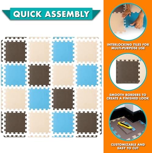 ProSource Foam Puzzle Floor Play Mat for Kids and Babies with Solid Colors, 36 or 16 Interlocking Tiles with Borders, Blue/Brown/Beige