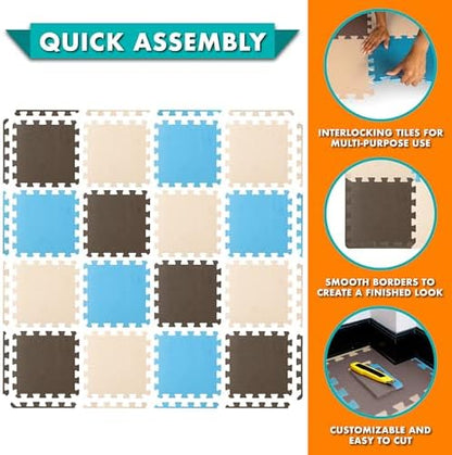 ProSource Foam Puzzle Floor Play Mat for Kids and Babies with Solid Colors, 36 or 16 Interlocking Tiles with Borders, Blue/Brown/Beige