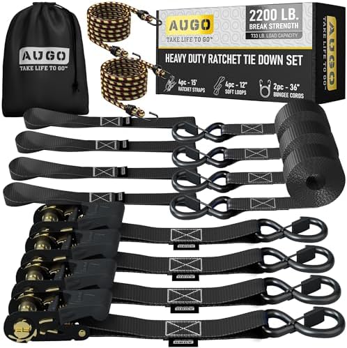 AUGO Ratchet Straps Heavy Duty 4 Pack -15 FT - 2200 LB Break Strength – with Safety Lock S Hooks - Cargo Straps for Moving, Appliances, Motorcycle – Soft Loop Tie Down Straps