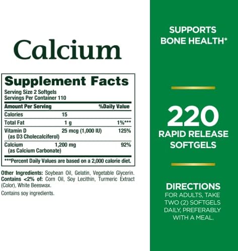 Nature's Bounty Calcium 1200 mg with 1,000IU Vitamin D3, Bone Health & Immune Support, 220 Softgels