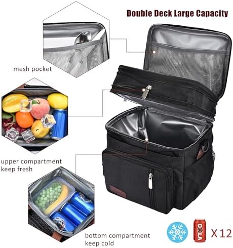 MIYCOO Lunch Bag & Lunch Box for Men Women Double Deck, Leakproof insulated Soft Large Adult Lunch Cooler Bag for Work, Beach, Picnic, Camping, Travel (Black,15L)