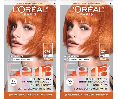 L'Oreal Paris Feria Multi-Faceted Shimmering Permanent Hair Color, C74 Intense Copper, Hair Dye Kit, Pack of 2