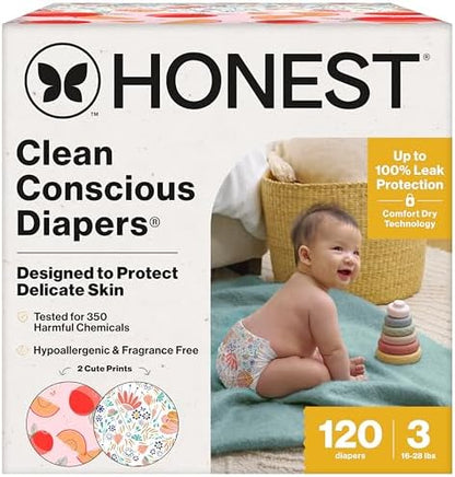 The Honest Company Clean Conscious Diapers for Delicate Skin | Up to 100% Leakproof | Hypoallergenic, Fragrance Free | Girl Prints | Super Club Box, Size 3 (16-28 lbs), 120 Count (Prints May Vary)