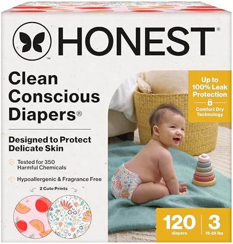 The Honest Company Clean Conscious Diapers for Delicate Skin | Up to 100% Leakproof | Hypoallergenic, Fragrance Free | Girl Prints | Super Club Box, Size 3 (16-28 lbs), 120 Count (Prints May Vary)