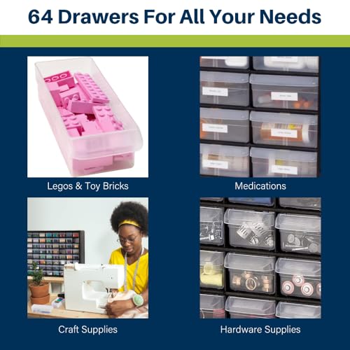 Akro-Mils 64-Drawer Plastic Drawer Storage Cabinet for Garage Organization, Bead Organizer, Building Bricks Storage, Teacher Toolbox, Makeup Organizer, 20-Inch W x 6-Inch D x 16-Inch H, 10164 Black
