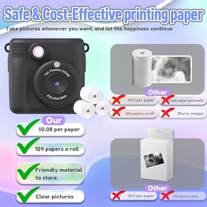 Kids Camera Instant Print, Christmas Birthday Gifts for Kids Age 3-12, Selfie Digital Camera with 1080P Videos,Toddler Portable Travel Cameras Toy for 4 5 6 7 8 9 Year Old Boys Black