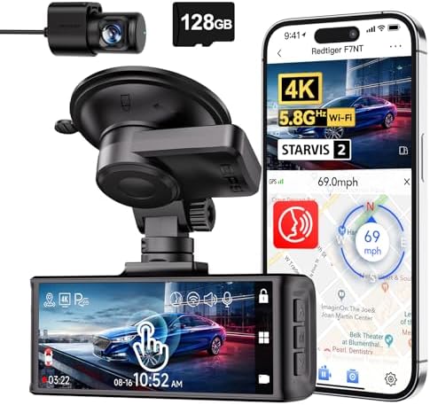 REDTIGER 4K Dash Cam Front and Rear, STARVIS 2 Sensor, Touch Screen 3.18", 128GB Card Included, Voice Control, 5.8GHz WiFi Car Dash Camera, GPS, Night Vision, Emergency Lock, Parking Mode (F7N Touch)