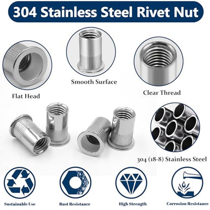 Metric & SAE Rivet Nut Assortment Kit(300 Pcs), M3 M4 M5 M6 M8 M10 M12#8-32#10-24 1/4"-20 5/16"-18 3/8"-16 304 Stainless Steel Rivnut Set UNC Flat Head Nutsert