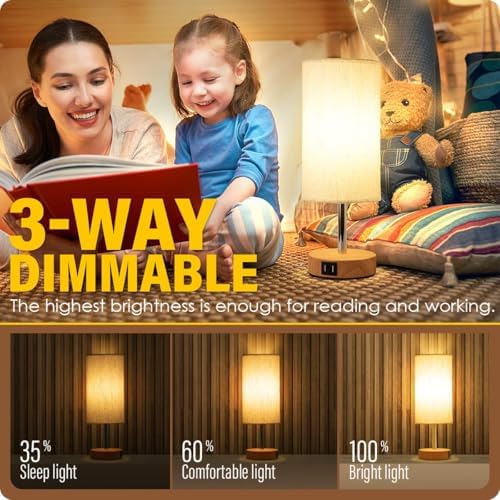Yarra-Decor Bedside Table Lamp with USB Port - Touch Control for Bedroom Wood 3 Way Dimmable Nightstand Lamp with Round Flaxen Fabric Shade for Living Room, Dorm, Home Office (LED Bulb Included)