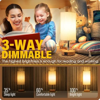 Yarra-Decor Bedside Table Lamp with USB Port - Touch Control for Bedroom Wood 3 Way Dimmable Nightstand Lamp with Round Flaxen Fabric Shade for Living Room, Dorm, Home Office (LED Bulb Included)