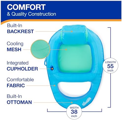 SwimWays Spring Float Premium Recliner Pool Lounger, Inflatable Pool Floats Adult with Fast Inflation for Ages 15 & Up, Sky Blue