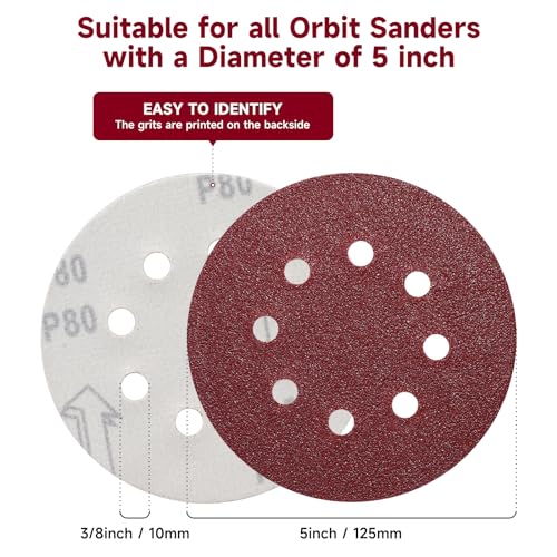 100 PCS 5 Inch Sanding Discs 40 Grit, Round Hook and Loop Sandpaper for Random Orbital Sander