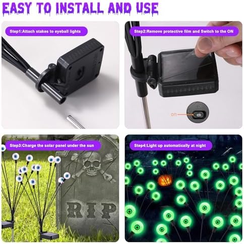 ASMAD Halloween Decorations Outdoor Solar Scary Eyeball Lights, 4Pack 32LEDs Green Eyeball Swaying Firefly Light, Waterproof Halloween Path Lights for Garden/Yard/Patio/Party Decor