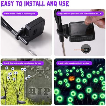 ASMAD Halloween Decorations Outdoor Solar Scary Eyeball Lights, 4Pack 32LEDs Green Eyeball Swaying Firefly Light, Waterproof Halloween Path Lights for Garden/Yard/Patio/Party Decor