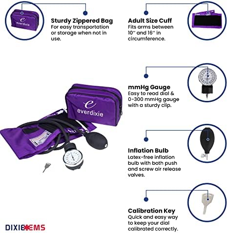 Dixie Ems Deluxe Aneroid Sphygmomanometer Blood Pressure Set W/Adult Cuff, Carrying Case and Calibration Tool - Purple