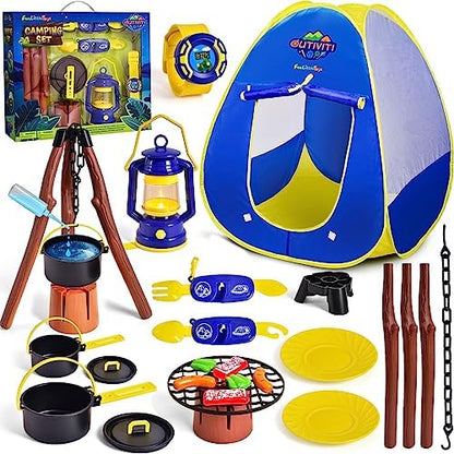FUN LITTLE TOYS Kids Play Tent with Camping Toys, Toddler Tent with Battery Lantern, Kids Pop Up Tent Indoor Outdoor Toys Christmas Birthday Gifts for Boys