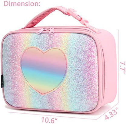 FlowFly Kids Lunch box Insulated Soft Bag Mini Cooler Back to School Thermal Meal Tote Kit for Girls, Boys, Glitter-RainBow