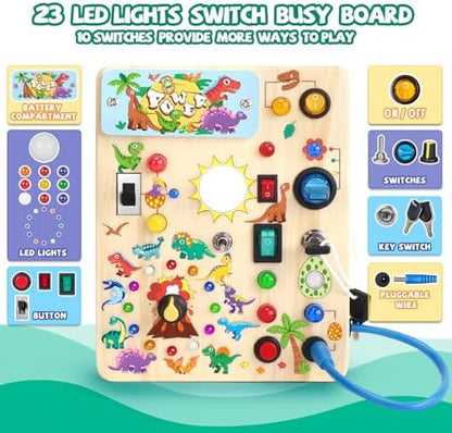 Dinosaur Busy Board, Wooden Toddler Toy, Sensory Travel Toy, Ideal Gift for 1-3 Years Old Boys (Dinosaur Busy Board Plus V2), Blue