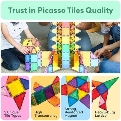 PicassoTiles 100 Piece Set 100pcs Magnet Building Tiles Clear Magnetic 3D Blocks Construction Playboards, Creativity Beyond Imagination, Inspirational, Recreational, Educational Conventional