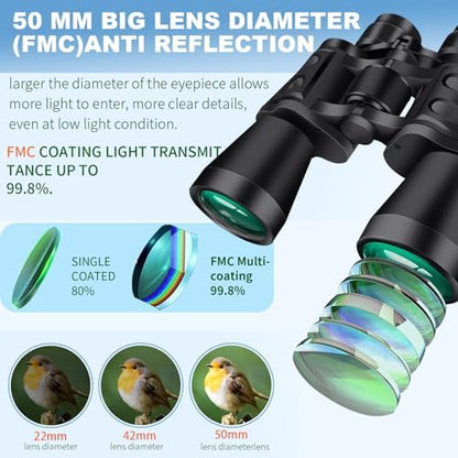 20x50 Binoculars for Adults High Powered with Low Light Compact Waterproof Binoculars for Bird Watching Hunting Travel Football Stargazing BAK-4 Prism FMC Lens(Black)