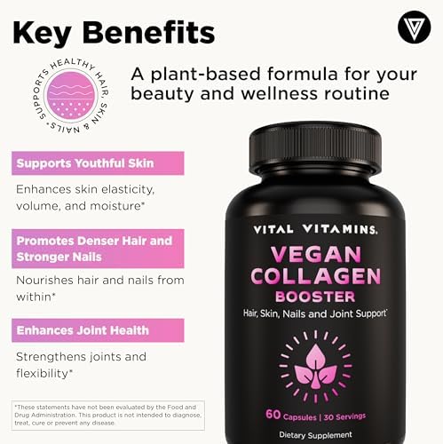 Vital Vitamins Vegan Collagen Booster - with Silica and Hyaluronic Acid - Plant-Based Collagen Supplements - Supports Hair, Skin, Nails & Joints - 60 Capsules