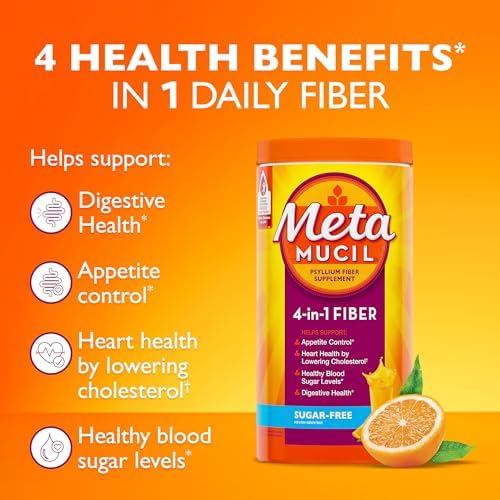 Metamucil 4-in-1 Daily Fiber Supplement, Psyllium Husk Powder for Digestive Health, Sugar-Free Fiber Supplement, Orange, Naturally Sourced Psyllium Husk Powder, 180 teaspoons