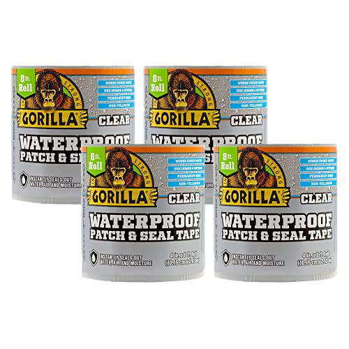 Gorilla Waterproof Patch & Seal Tape, Clear Tape, 4" x 8' (Pack of 4) - Permanent Weather Resistant Seal for Leaks and Repairs