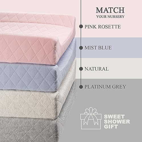 Organic Cotton Contoured Baby Changing Pad w/Waterproof Foam Mattress, Includes Soft, Removable & Washable Cover, Safety Strap, Non-Slip Bottom, Topper for Standard Size Infant Diaper Table & Dresser