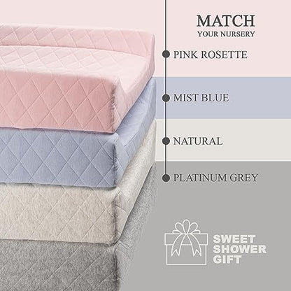 Organic Cotton Contoured Baby Changing Pad w/Waterproof Foam Mattress, Includes Soft, Removable & Washable Cover, Safety Strap, Non-Slip Bottom, Topper for Standard Size Infant Diaper Table & Dresser