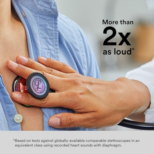 3M Littmann Cardiology IV Diagnostic Stethoscope, 6240, More Than 2X as Loud, Weighs Less, Stainless Steel High Polish Rainbow-Finish Chestpiece, 27" Black Tube, Smoke Stem, and Headset