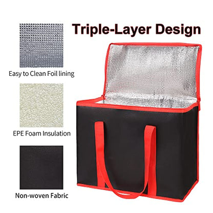 Bodaon 2-Pack Insulated Reusable Grocery Shopping Bags, X-Large Picnic Cooler Bag with Zipper Zippered Top Cold, Black with Red Edge