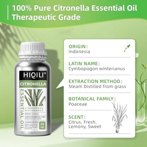 HIQILI 16 Fl Oz Citronella Oil for Homemade Sprays, Add to Diffuser, 100% Pure and Natural Undiluted