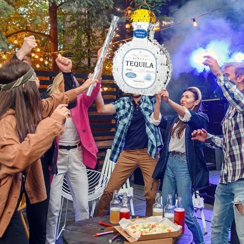 WERNNSAI Tequila Bottle Pinata - Disco Party Decorations for Adults Silver Patron Tequila Pinata with Blindfold for Bachelor Birthday Party Supplies 11.7” x 16.5”