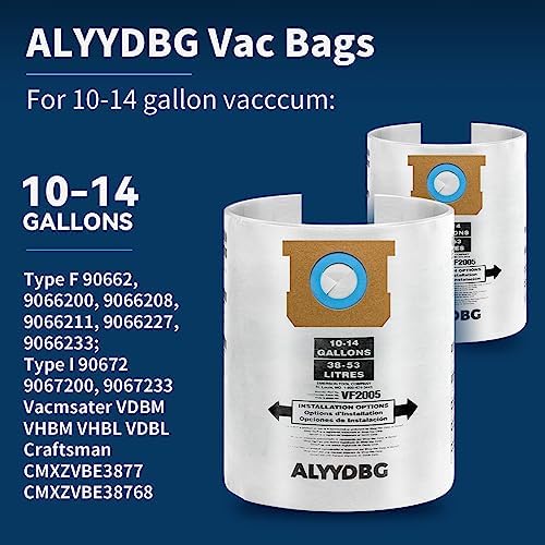 for Shop Vac Bags 10-14 Gallon, Type F 90662 9066200 9066233; Type I 90672 9067200 9067233; VF2005, High Efficiency Disposable Fine Dust Collection Vacuum Filter Bags (5 Pack)