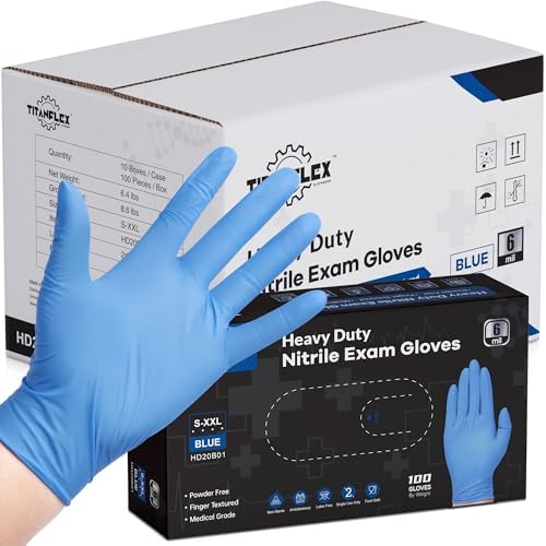 TitanFlex Disposable Nitrile Gloves 6 mil Blue Heavy Duty Disposable Gloves, Cooking Mechanic Gloves, Latex Free Powder Free