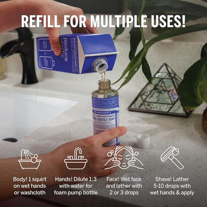 Dr. Bronner's Pure-Castile Liquid Magic Soap Bottle & Refill Carton - Made with Regenerative Organic Certified Oils- 18-in-1 Uses for Face, Body Wash, Hand Soap Refill- Peppermint, 32oz